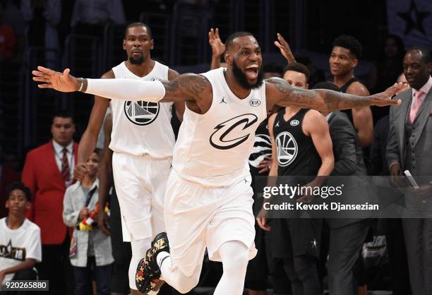 LeBron James of Team LeBron celebrates during the NBA All-Star Game 2018 at Staples Center on February 18, 2018 in Los Angeles, California.