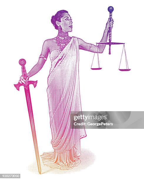 hispanic justitia mit schwert und waage - waage justitia freisteller stock-grafiken, -clipart, -cartoons und -symbole