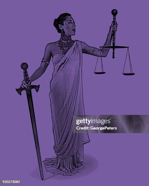 hispanic justitia mit schwert und waage - waage justitia freisteller stock-grafiken, -clipart, -cartoons und -symbole