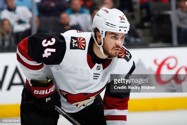 Zac Rinaldo of the Arizona Coyotes looks on during the game against the San Jose Sharks at SAP Center on February 13, 2018 in San Jose, California.