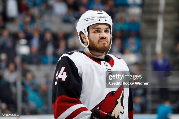 Zac Rinaldo of the Arizona Coyotes looks on during the game against the San Jose Sharks at SAP Center on February 13, 2018 in San Jose, California.