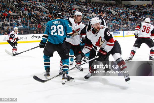 Jason Demers of the Arizona Coyotes skates against the San Jose Sharks at SAP Center on February 13, 2018 in San Jose, California.