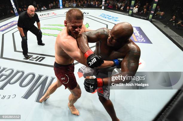 Derrick Lewis punches Marcin Tybura of Poland in their heavyweight bout during the UFC Fight Night event at Frank Erwin Center on February 18, 2018...