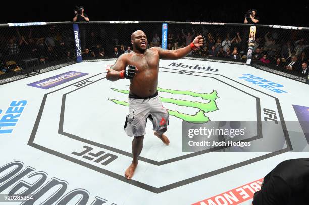 Derrick Lewis celebrates after defeating Marcin Tybura of Poland by KO in their heavyweight bout during the UFC Fight Night event at Frank Erwin...