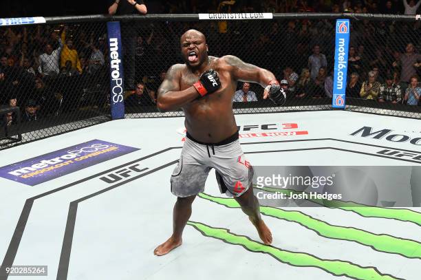 Derrick Lewis celebrates after defeating Marcin Tybura of Poland by KO in their heavyweight bout during the UFC Fight Night event at Frank Erwin...