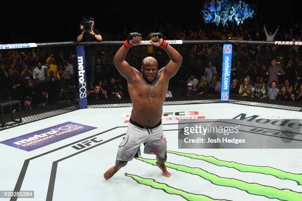 Derrick Lewis celebrates after defeating Marcin Tybura of Poland by KO in their heavyweight bout during the UFC Fight Night event at Frank Erwin...