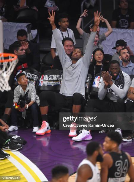 Al Horford of Team Stephen celebrates on the bench during the NBA All-Star Game 2018 at Staples Center on February 18, 2018 in Los Angeles,...