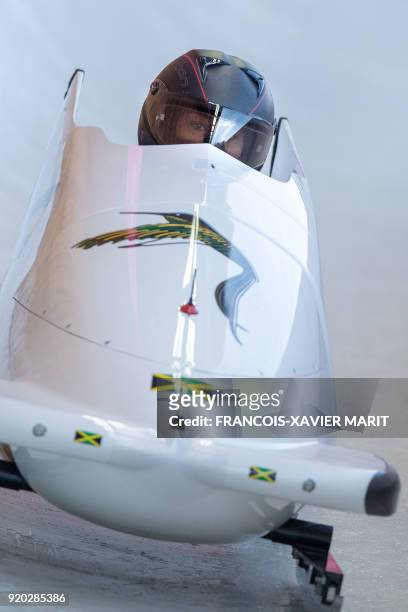Pilot Jazmine Fenlator-Victorian of Jamaica corners in her 2-woman bobsleigh training session at the Olympic Sliding Centre, during the Pyeongchang...