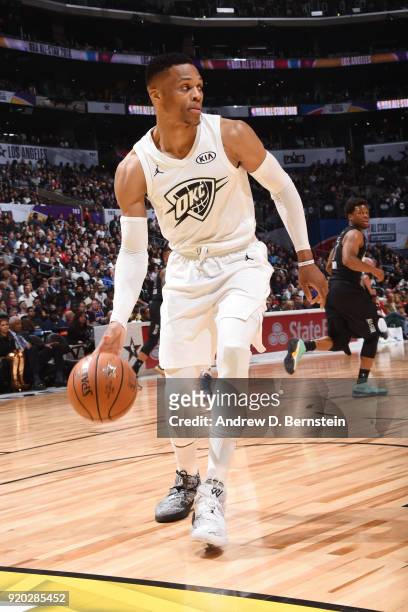 Russell Westbrook Of Team LeBron handles the ball during the NBA All-Star Game as a part of 2018 NBA All-Star Weekend at STAPLES Center on February...