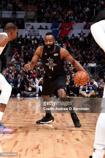 James Harden Of Team Stephen handles the ball during the NBA All-Star Game as a part of 2018 NBA All-Star Weekend at STAPLES Center on February 18,...