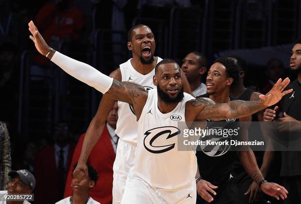 LeBron James and Kevin Durant of Team LeBron react after a missed last second shot by DeMar DeRozan of Team Stephen during the NBA All-Star Game 2018...