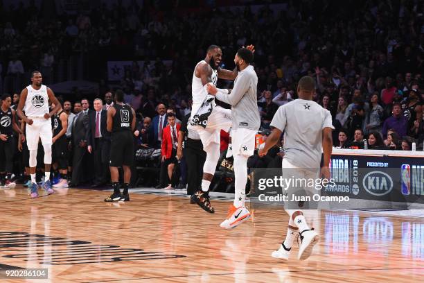 LeBron James and Anthony Davis of Team LeBron celebrate during the NBA All-Star Game as a part of 2018 NBA All-Star Weekend at STAPLES Center on...