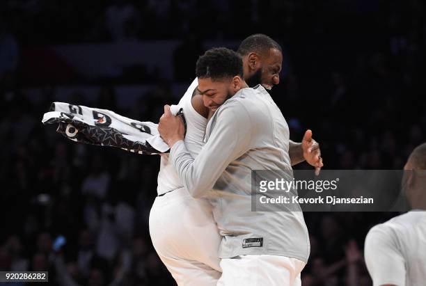 LeBron James of Team LeBron celebrates with teammate Anthony Davis after the end of the NBA All-Star Game 2018 at Staples Center on February 18, 2018...