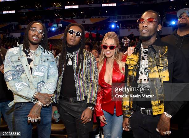 Quavo and Takeoff of Migos, Cardi B, and Offset of Migos attend the 67th NBA All-Star Game: Team LeBron Vs. Team Stephen at Staples Center on...