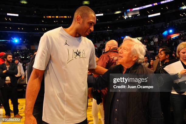 Al Horford of Team Stephen talks with Robert Kraft after the NBA All-Star Game as a part of 2018 NBA All-Star Weekend at STAPLES Center on February...