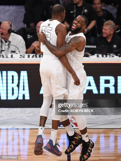 Kevin Durant and LeBron James celebrate as Team LeBron defeated Team Stephen 148-145 at the 2018 NBA All-Star Game, February 18, 2018 at Staples...