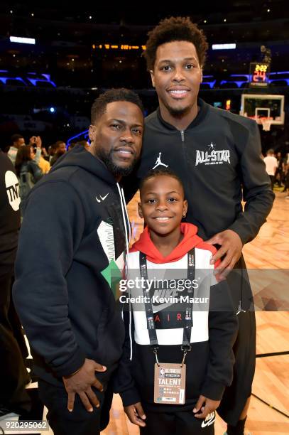 Kevin Hart, Hendrix Hart, and Kyle Lowry attend the 67th NBA All-Star Game: Team LeBron Vs. Team Stephen at Staples Center on February 18, 2018 in...