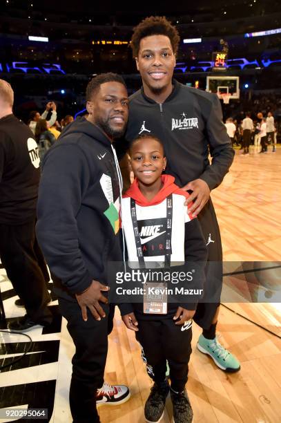 Kevin Hart, Hendrix Hart, and Kyle Lowry attend the 67th NBA All-Star Game: Team LeBron Vs. Team Stephen at Staples Center on February 18, 2018 in...