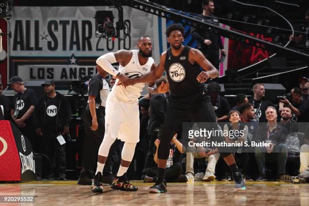 Joel Embiid of Team Stephen boxes out against LeBron James of Team LeBron during the NBA All-Star Game as a part of 2018 NBA All-Star Weekend at...