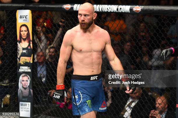 Donald Cerrone reacts after defeating Yancy Medeiros by KO in their welterweight bout during the UFC Fight Night event at Frank Erwin Center on...
