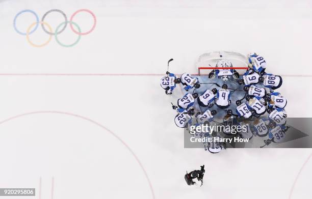 Finland huddles prior to the start of the game against United States during the Ice Hockey Women Play-offs Semifinals on day 10 of the PyeongChang...