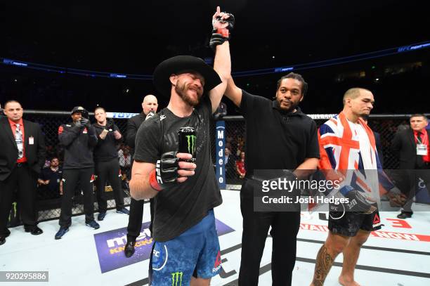 Donald Cerrone celebrates after defeating Yancy Medeiros by KO in their welterweight bout during the UFC Fight Night event at Frank Erwin Center on...
