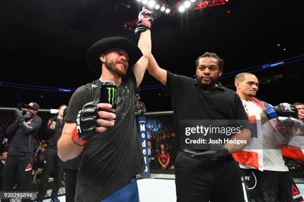 Donald Cerrone celebrates after defeating Yancy Medeiros by KO in their welterweight bout during the UFC Fight Night event at Frank Erwin Center on...