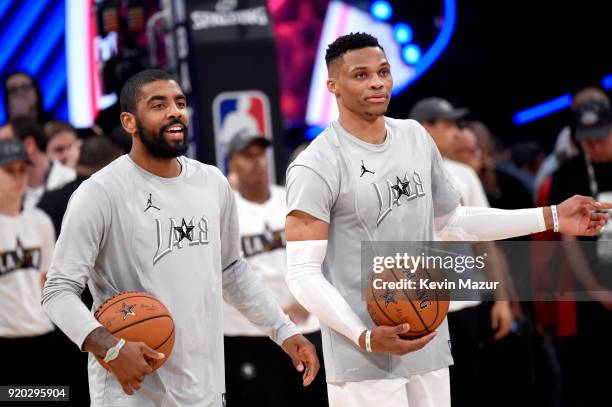 Kyrie Irving and Russell Westbrook warm up at the 67th NBA All-Star Game: Team LeBron Vs. Team Stephen at Staples Center on February 18, 2018 in Los...