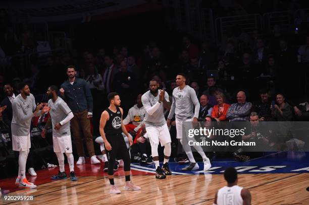 LeBron James of team LeBron celebrates during the NBA All-Star Game as a part of 2018 NBA All-Star Weekend at STAPLES Center on February 18, 2018 in...