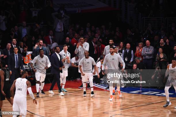 Kemba Walker of team LeBron celebrates with his teammates during the NBA All-Star Game as a part of 2018 NBA All-Star Weekend at STAPLES Center on...