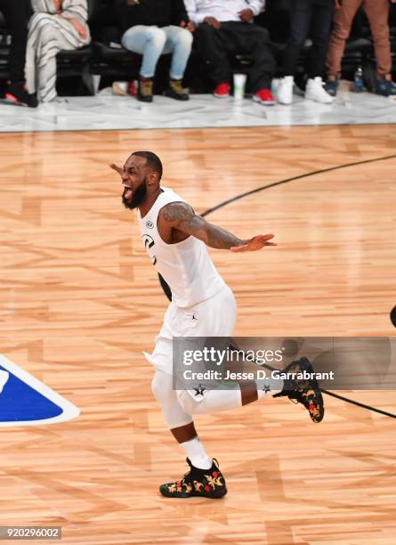 LeBron James of Team LeBron smiles after winning against Team Curry during the NBA All-Star Game as a part of 2018 NBA All-Star Weekend at STAPLES...