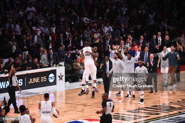 LeBron James of team LeBron celebrates with his teammates during the NBA All-Star Game as a part of 2018 NBA All-Star Weekend at STAPLES Center on...