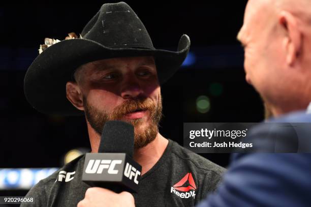 Donald Cerrone is interviewed by UFC color commentator Jimmy Smith after defeating Yancy Medeiros by KO in their welterweight bout during the UFC...