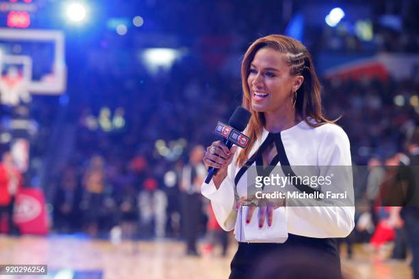 Analyst, Rosalyn Gold-Onwude talks on court during the NBA All-Star Game as a part of 2018 NBA All-Star Weekend at STAPLES Center on February 18,...