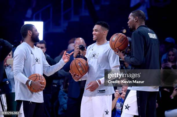 Kyrie Irving, Russell Westbrook, and Kevin Durant warm up at the 67th NBA All-Star Game: Team LeBron Vs. Team Stephen at Staples Center on February...