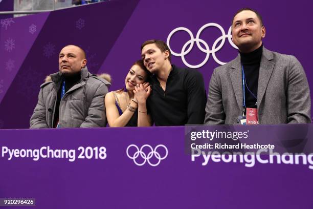 Ekaterina Bobrova and Dmitri Soloviev of Olympic Athlete from Russia react after competing during the Figure Skating Ice Dance Short Dance on day 10...