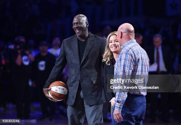 Michael Jordan, President of the Los Angeles Lakers Jeanie Buss and owner of the Los Angeles Clippers Steve Ballmer attend the NBA All-Star Game 2018...