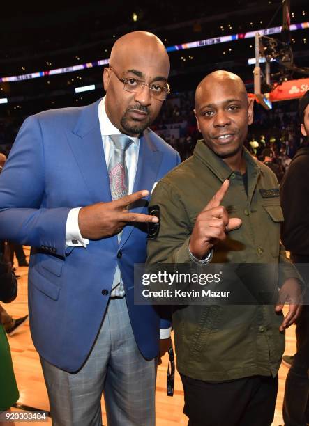 Dennis Scott and Dave Chappelle attend the 67th NBA All-Star Game: Team LeBron Vs. Team Stephen at Staples Center on February 18, 2018 in Los...