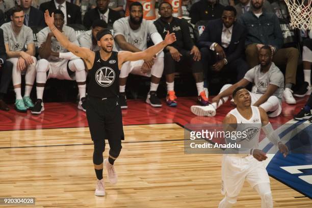Stephen Curry of Team Stephen reacts to a missed shot in the first quarter during the 2018 NBA All-Star Game at the Staples Center in Los Angeles,...
