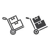 Hand truck with cardboard boxes line amd glyph icon, logistic and delivery, hand dolly sign vector graphics, a linear pattern on a white background, eps 10.