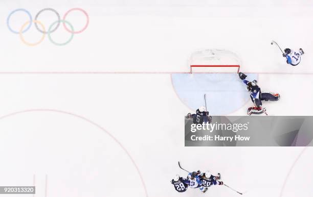 Madeline Rooney of the United States defend sthe net against Riikka Valila of Finland during the Ice Hockey Women Play-offs Semifinals on day 10 of...