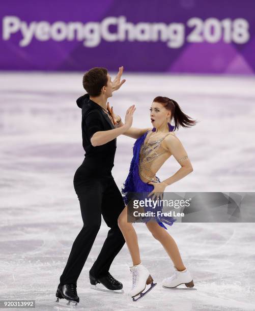 Ekaterina Bobrova and Dmitri Soloviev of Olympic Athlete from Russia compete during the Figure Skating Ice Dance Short Dance on day 10 of the...