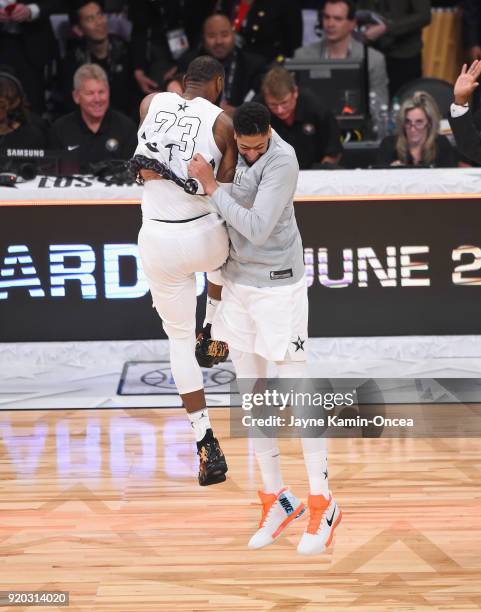 LeBron James and Anthony Davis of Team LeBron celebrate during the NBA All-Star Game 2018 at Staples Center on February 18, 2018 in Los Angeles,...