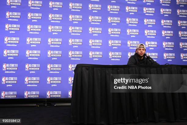 Stephen Curry of Team Stephen talks to the media during a press conference after the NBA All-Star Game as a part of 2018 NBA All-Star Weekend at...