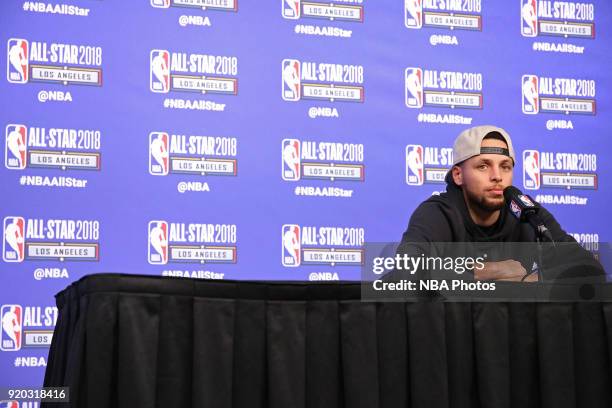 Stephen Curry of Team Stephen talks to the media during a press conference after the NBA All-Star Game as a part of 2018 NBA All-Star Weekend at...