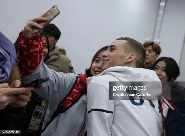 Adam Rippon of USA poses for a selfie following the Figure Skating Men Free Program on day eight of the PyeongChang 2018 Winter Olympic Games at...