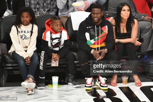 Kevin Hart, Eniko Parrish, Hendrix Hart and Heaven Hart attend The 67th NBA All-Star Game: Team LeBron Vs. Team Stephen at Staples Center on February...