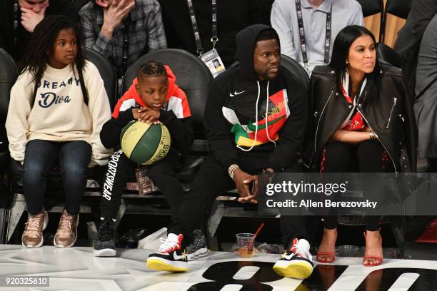 Kevin Hart, Eniko Parrish, Hendrix Hart and Heaven Hart attend The 67th NBA All-Star Game: Team LeBron Vs. Team Stephen at Staples Center on February...