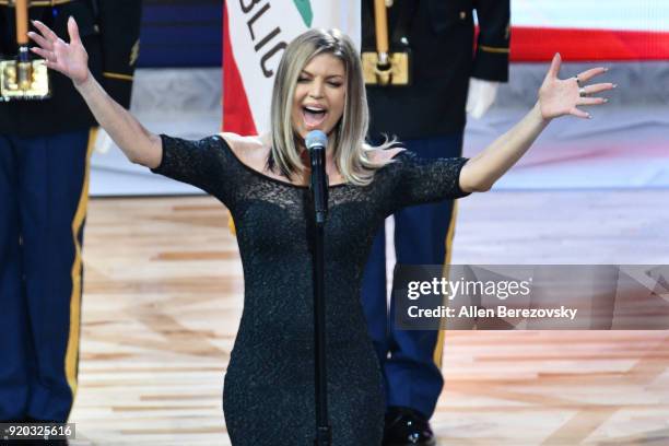 Singer Fergie sings the national anthem prior to The 67th NBA All-Star Game: Team LeBron Vs. Team Stephen at Staples Center on February 18, 2018 in...