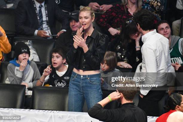 Model Karlie Kloss attends The 67th NBA All-Star Game: Team LeBron Vs. Team Stephen at Staples Center on February 18, 2018 in Los Angeles, California.